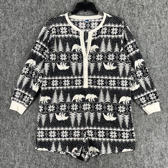 Old Navy Pajama Romper Womens Large‎ Gray Fair Isle Bear Fleece Soft Henley - Picture 1 of 10